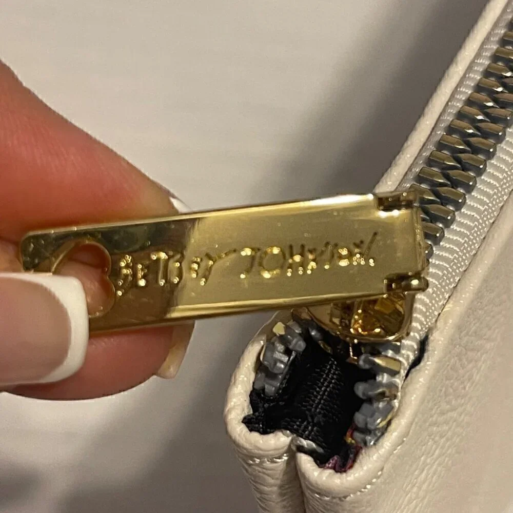 Betsy Johnson White Faux Leather Makeup Bag with Gold Zipper